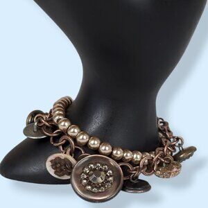 V. 2-Strand Faux Pearl & Dangling Button Charm Bracelet